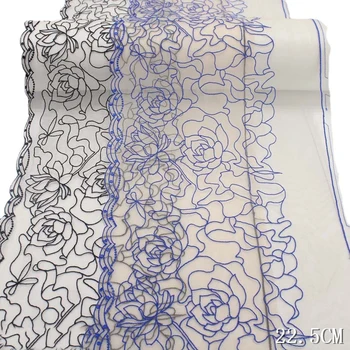 2 метра Синей вышитой кружевной отделки, сетчатая вышивка, тюль, кружевная ткань, кружева 