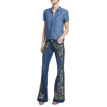 2023 Женские джинсы с вышивкой, расклешенные брюки с низкой талией и пуговицами-клеш, женская повседневная уличная одежда 90-х