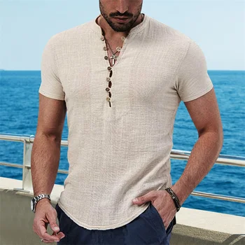 2023 Летняя мужская хлопчатобумажная льняная рубашка, дышащие рубашки с коротким рукавом, Однотонная Повседневная Базовая хлопчатобумажная льняная рубашка, топы, рубашка из конопли