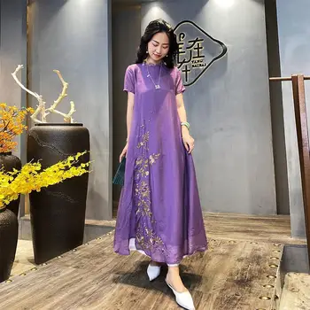 2023 новое китайское традиционное платье чонсам из хлопка и льна qipao женское элегантное шифоновое платье с цветочной вышивкой для вечеринки a37