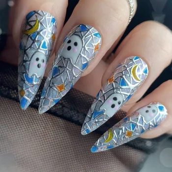 24шт Креативных накладных ногтей на Хэллоуин с длинным заостренным синим осколком стекла, дизайн накладных ногтей на Хэллоуин для девочек и леди
