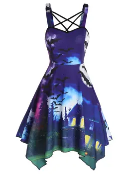 Dressfo Женское платье на Хэллоуин с пейзажным принтом в виде летучей Мыши, Луны, ночи, асимметричное платье, летние миди-платья на перекрещивающихся бретелях с открытой спиной
