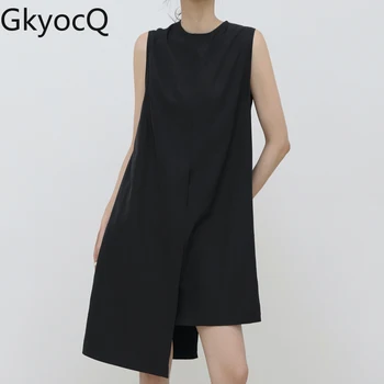 GkyocQ, модное черное платье с круглым вырезом, женское Корейское Летнее Свободное Женское платье, Лоскутное платье неправильной формы, Готические мини-платья, женские