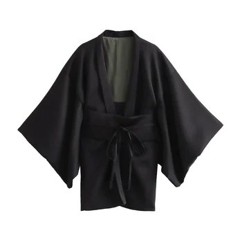 UNIZERA2023 Осенне-зимняя новинка; женская модная повседневная накидка в стиле кимоно; Шелковое атласное пальто на шнуровке;