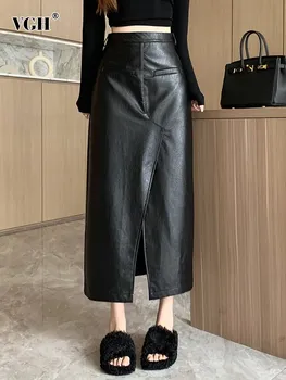 VGH, однотонные кожаные юбки неправильной формы для женщин, Высокая талия, лоскутные карманы, юбка с разрезом, женская одежда, мода 2023 года