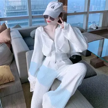 Белый комплект из двух предметов, женская одежда 2023, Длинные брюки + толстовки, спортивный костюм на молнии с длинным рукавом, весна-осень, однотонный костюм в корейском стиле, новинка