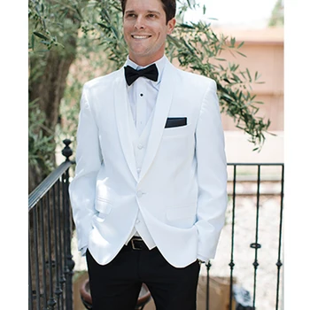 Белый смокинг жениха для выпускного вечера жениха с черными брюками с отворотом из шали, приталенные вечерние мужские костюмы, мужской модный костюм, жилет 2023 г.