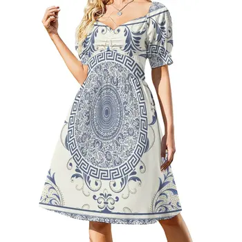 Богато украшенное кремово-синее платье в стиле барокко с греческим ключом летние платья женские 2023 Одежда женская