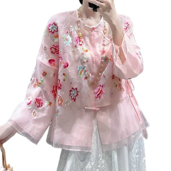 Высококачественный весенне-летний топ, китайская одежда эпохи Тан, кукольный воротник ручной вышивки в стиле ретро, Элегантная женская блузка S-XXL