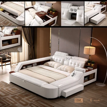 Высокотехнологичный многофункциональный каркас кровати с натуральной кожей, Bluetooth-динамиком и массажером, татами с мягкой подсветкой