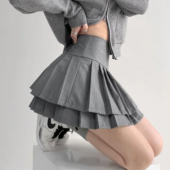 Двойная плиссированная юбка в элегантном стиле, Женская летняя сексуальная повседневная мини-юбка в стиле пэчворк с высокой талией, однотонная юбка трапециевидной формы, Корейская юбка Y2k
