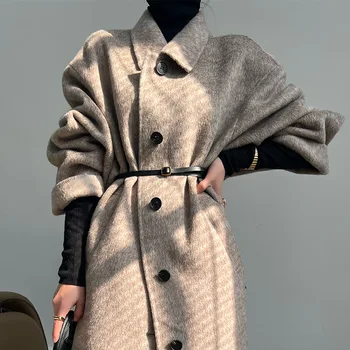Двустороннее пальто из 100% шерсти с отложным воротником, женская Корейская модная Свободная Кашемировая зимняя куртка 2023