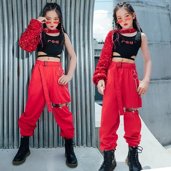Детский сценический костюм с красными рукавами и блестками, открытые брюки, одежда для выступлений в стиле хип-хоп для девочек, одежда для джазовых фестивалей на подиуме BL7120