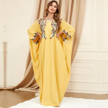 Желтые мусульманские Абайи Для женщин, Роскошная Одежда-Кимоно с цветочной вышивкой и рукавами 