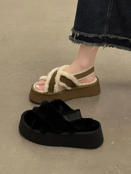 Женская обувь Модные плюшевые хлопчатобумажные туфли 2023 года, Весенне-осенние Новые сандалии на толстой подошве с перекрестным ремешком
