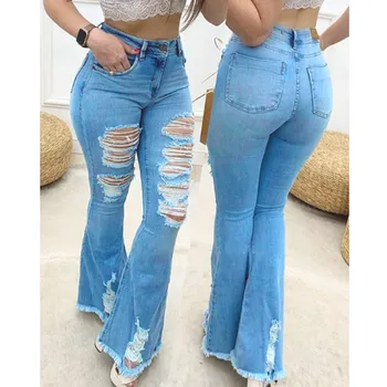 Женские джинсовые брюки, рваные джинсы, широкие брюки, эластичные узкие джинсовые брюки-клеш, универсальные расклешенные джинсы, одежда Y2k