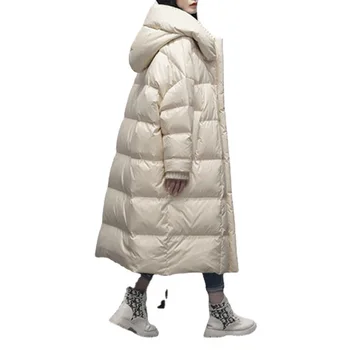 Женский ветрозащитный пуховик большого размера, утолщенное удлиненное пальто, однотонный капюшон, свободная глянцевая зимняя мода без стирки