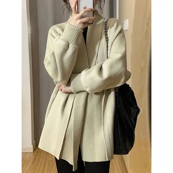 Женский повседневный свитер средней длины в корейском стиле, пальто в базовом стиле, новый вязаный кардиган Lazy Wind