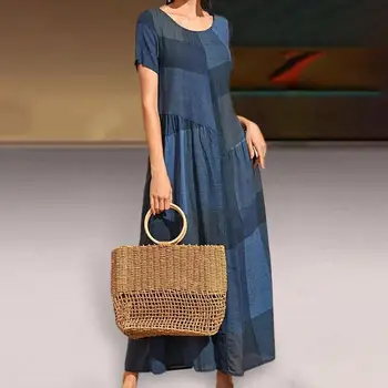 Женское платье Макси, Летнее платье в стиле пэчворк с круглым вырезом контрастного цвета, свободный подол, Плиссированное платье трапециевидной формы длиной до щиколоток с короткими рукавами