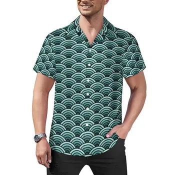 Зелено-синяя пляжная рубашка Seigaiha, традиционные Японские гавайские повседневные рубашки, мужские блузки в стиле харадзюку, топы с коротким рукавом, большой размер