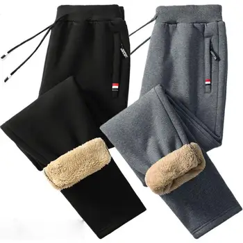 Зимние мужские хлопчатобумажные спортивные брюки в обтяжку на флисовой подкладке, трикотажные спортивные брюки из толстой овечьей кожи, повседневные брюки, прямые поставки с фабрики для мужчин