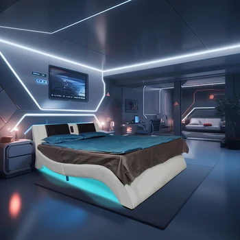 Каркас кровати-платформы, обитый искусственной кожей, со светодиодной подсветкой, подключением Bluetooth для управления воспроизведением музыки, вибрационным массажем