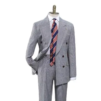 Классический полный мужской костюм в клетку, 2 предмета, винтажный двубортный пиджак, Брюки, Официальная деловая одежда, Осенний мужской костюм на заказ