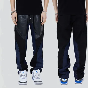 Кожаные брюки с хай-стрит дизайном, сшитые джинсы, мужские хип-хоп свободные модные джинсовые брюки