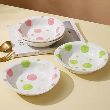 Креативная керамическая тарелка, милая ручная роспись в горошек, домашняя посуда, нерегулярные глубокие тарелки, контейнер для супа, овсяные хлопья, молоко