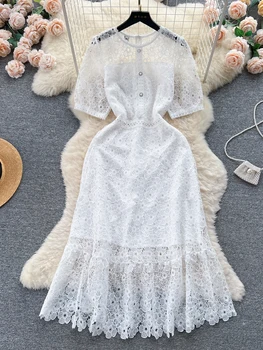 Летнее женское Винтажное Белое кружевное вечернее платье, Элегантное Платье с круглым вырезом, коротким рукавом и рюшами на подоле, Трапециевидное Облегающее платье Миди, Женская Новая мода