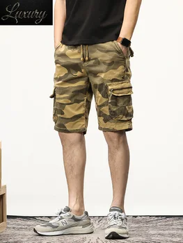 Летние камуфляжные шорты-карго Мужские с несколькими карманами, армейские стрейчевые хлопковые повседневные мужские прямые короткие брюки на завязках