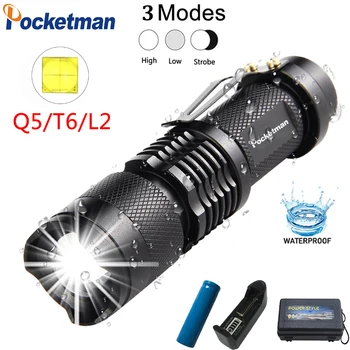 Мини-светодиодный фонарик Q5 T6 L2, зажим для ручки, фонарик с телескопическим зумом, Водонепроницаемый фонарик, карманная вспышка, аккумулятор 14500 или 18650