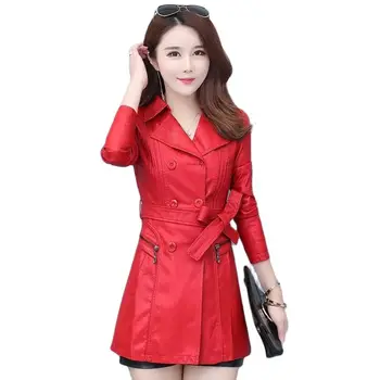 Модная куртка из искусственной кожи, женская демисезонная ветровка, пальто средней длины, Корейская версия, тонкое двубортное кожаное пальто