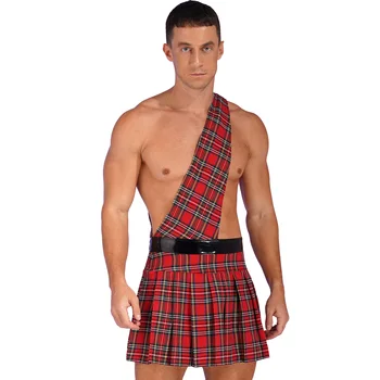 Мужская клетчатая плиссированная юбка, шотландское платье, праздничные короткие юбки, костюм для тематической вечеринки на Хэллоуин, плиссированная юбка на одно плечо