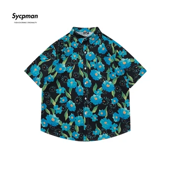 Мужские рубашки с короткими рукавами с цветочным ретро-принтом Sycpman Harajuku Wind, свободная универсальная рубашка, пара повседневной одежды на лето
