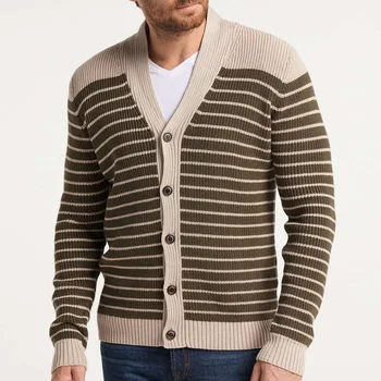 Мужской жаккардовый свитер с длинным рукавом и пуговицами, приталенный полосатый кардиган с V-образным вырезом, пальто цвета хаки, мужской вязаный свитер, кардиган