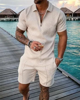 Мужской костюм поло с 3D-печатью 2023, летняя уличная рубашка с коротким рукавом на молнии с V-образным вырезом + шорты, Модный мужской комплект поло, дышащий