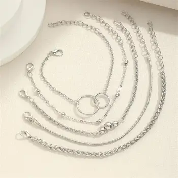 Набор браслетов-обручей Стильный набор браслетов из нержавеющей стали из 5 предметов, регулируемый обруч-цепочка, полый дизайн, однотонные бусины для дам