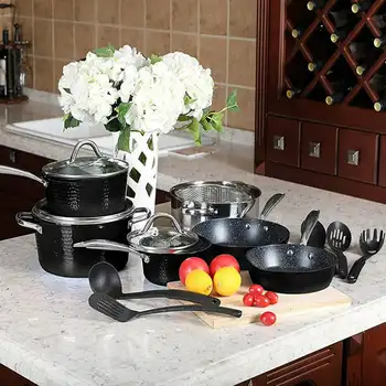 Наборы кухонной посуды с Антипригарным покрытием из 15 предметов - Набор Кастрюль и сковородок с Гранитным ковком, индукционные и Можно мыть в посудомоечной машине (черный)