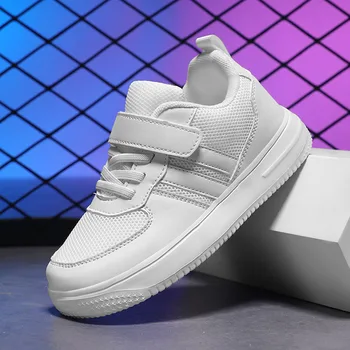 Новые модные Легкие дышащие Белые кроссовки для детей и мальчиков, однотонная школьная обувь из искусственной кожи, детская повседневная спортивная обувь