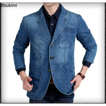 Новый мужской джинсовый пиджак 2023 года, роскошная модная повседневная джинсовая куртка, Официальная деловая приталенная брендовая мужская одежда, пальто и куртки