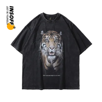 Оригинальная дизайнерская графика с принтом тигра, Высококачественный хлопок, выстиранная Винтажная уличная одежда Y2k оверсайз, американская футболка