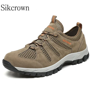 Плюс размер 48 Светло-серая походная обувь Летняя мужская сетчатая Дышащая мужская спортивная обувь для бега трусцой, треккинговые кроссовки, горные ботинки