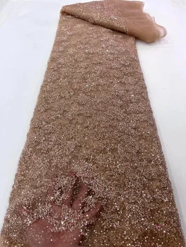 Расшитая бисером кружевная ткань 2023 для свадебного платья Французская тюлевая сетка с блестками Роскошные Тяжелые хрустальные бусины ручной работы Red Dubai Bridal 5 ярдов