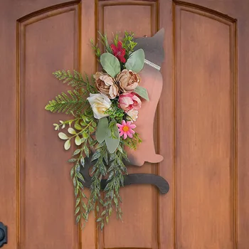 Рождественский венок, украшение двери, стены, Деревянная гирлянда в виде кошки с гирляндой из сухих цветов, домашний декор, принадлежности для вечеринок