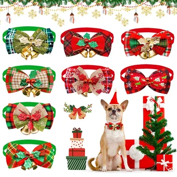 Рождественский колокольчик, галстук-бабочка, зимний ошейник для собак с лентой, Клетчатое Рождественское ожерелье для кошек, аксессуары для маленьких собак, 1 шт.