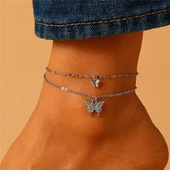 Роскошная двухслойная цепочка, полный горный хрусталь, браслет-бабочка на лодыжке для женщин, милые летние украшения e011