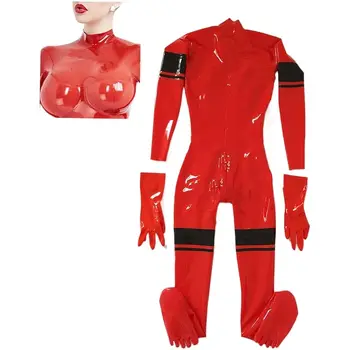 Сексуальный женский красный латексный комбинезон с 3D грудью на все тело, резиновые перчатки, носки на пальцах ног с застежкой-молнией между ногами