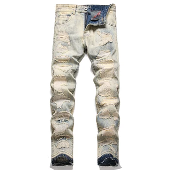Синие мужские рваные джинсы в стиле пэчворк с вышивкой, приталенные прямые джинсовые брюки с потертыми заплатками