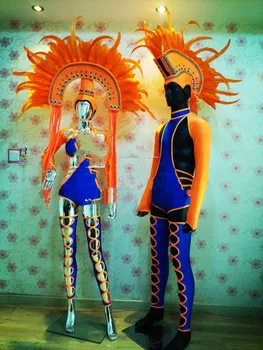 Флуоресцентный контрастный костюм для выступлений, сексуальный комбинезон с сапфирово-синими перьями, тематический парад